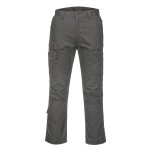 A pair of grey work trousers designed for use on construction sites and in industrial work environments.,