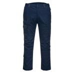 A pair of navy blue work trousers designed for use on construction sites and in industrial work environments.,
