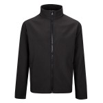 A black softshell jacket designed for use on construction sites and in industrial work environments.,