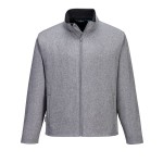 A grey softshell jacket designed for use on construction sites and in industrial work environments.,