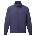 A navy blue softshell jacket designed for use on construction sites and in industrial work environments.,