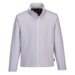 A white softshell jacket designed for use on construction sites and in industrial work environments.,