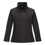 A women's black softshell jacket designed for use on construction sites and in industrial work environments.,
