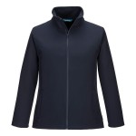 A women's navy blue softshell jacket designed for use on construction sites and in industrial work environments.,