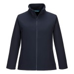 A women's navy blue softshell jacket designed for use on construction sites and in industrial work environments.,