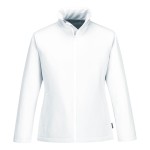 A women's white softshell jacket designed for use on construction sites and in industrial work environments.,