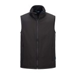 A black safety vest designed for use on construction sites and in industrial work environments.,