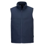 A navy blue safety vest designed for use on construction sites and in industrial work environments.,