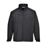 A black softshell jacket designed for use on construction sites and in industrial work environments.,