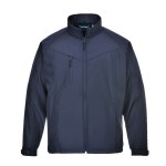 A navy blue softshell jacket designed for use on construction sites and in industrial work environments.,