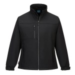 A women's black softshell jacket designed for use on construction sites and in industrial work environments.,