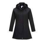 A women's black softshell jacket designed for use on construction sites and in industrial work environments.,