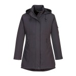 A women's grey softshell jacket designed for use on construction sites and in industrial work environments.,