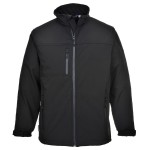 A black softshell jacket designed for use on construction sites and in industrial work environments.,