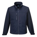 A navy blue softshell jacket designed for use on construction sites and in industrial work environments.,