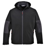 A black softshell jacket designed for use on construction sites and in industrial work environments.,