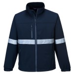 A navy blue softshell jacket designed for use on construction sites and in industrial work environments.,
