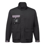 A black jacket designed for use on construction sites and in industrial work environments.,