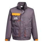 A grey jacket designed for use on construction sites and in industrial work environments.,