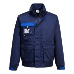 A navy blue jacket designed for use on construction sites and in industrial work environments.,