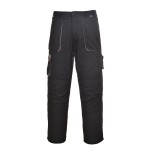 A pair of black work trousers designed for use on construction sites and in industrial work environments.,