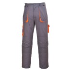 A pair of grey work trousers designed for use on construction sites and in industrial work environments.,