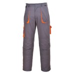 A pair of grey work trousers designed for use on construction sites and in industrial work environments.,