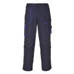 A pair of navy blue work trousers designed for use on construction sites and in industrial work environments.,