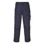 A pair of navy blue work trousers designed for use on construction sites and in industrial work environments.,