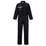 A black coverall designed for use on construction sites and in industrial work environments.,