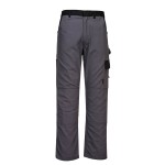 A pair of grey work trousers designed for use on construction sites and in industrial work environments.,