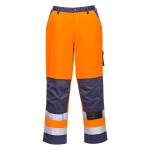 A pair of high-visibility orange trousers featuring retroreflective tape panels, suitable for a wide range of outdoor and site work applications.