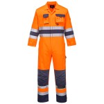 A high-visibility orange coverall featuring retroreflective tape panels, suitable for a wide range of outdoor and site work applications.