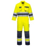 A high-visibility yellow coverall featuring retroreflective tape panels, suitable for a wide range of outdoor and site work applications.