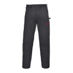 A pair of black work trousers designed for use on construction sites and in industrial work environments.,