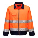 A high-visibility orange jacket featuring retroreflective tape panels, suitable for a wide range of outdoor and site work applications.