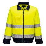 A high-visibility yellow jacket featuring retroreflective tape panels, suitable for a wide range of outdoor and site work applications.