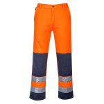 A pair of high-visibility orange trousers featuring retroreflective tape panels, suitable for a wide range of outdoor and site work applications.