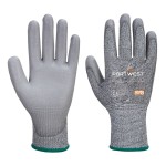 A pair of grey work gloves with cut-level C13 protection, a textured grip palm, and an elasticated cuff for a secure fit.