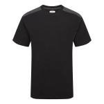 A black work shirt designed for use on construction sites and in industrial work environments.,