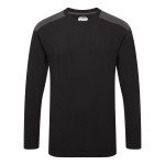 A black work shirt designed for use on construction sites and in industrial work environments.,
