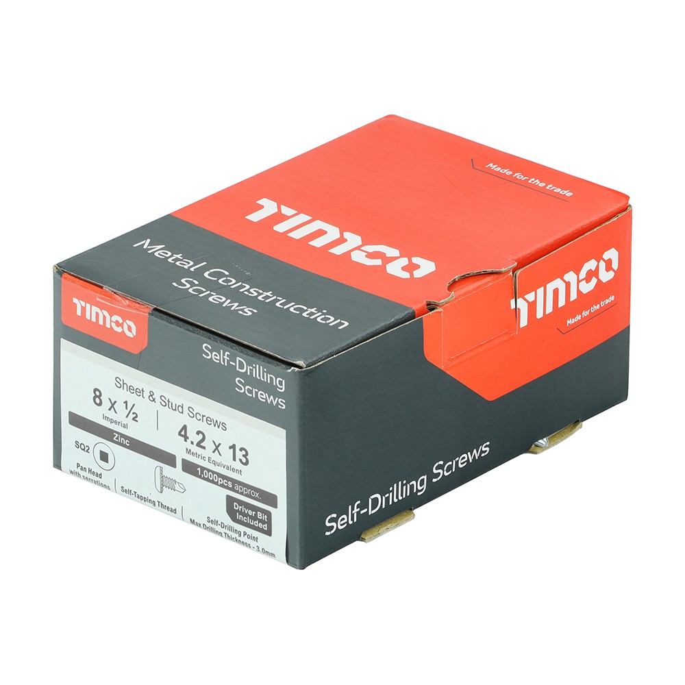 Timco Metal Construction Sheet & Stud Self Drilling Screws 4.2 x 13mm Pan Square - Zinc