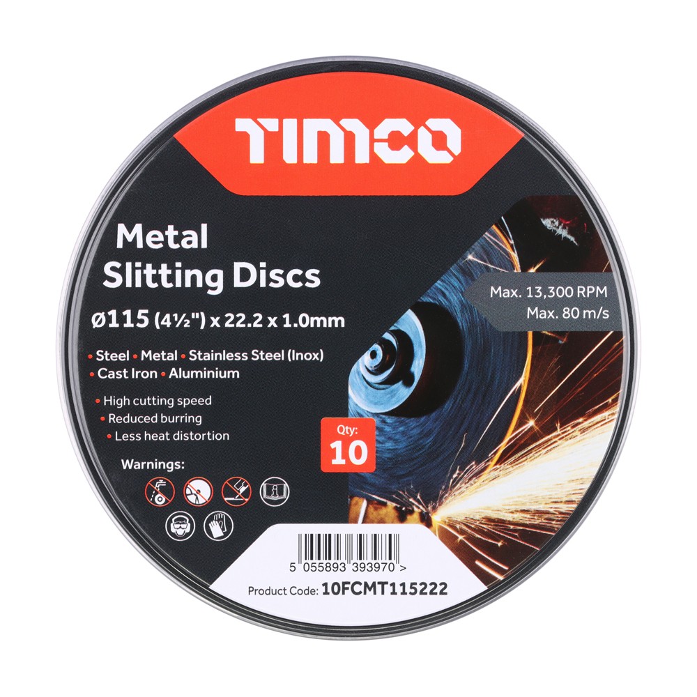 Timco Bonded Abrasive Disc 115 x 22.2 x 1mm - Metal Slitting Discs 10 Pack