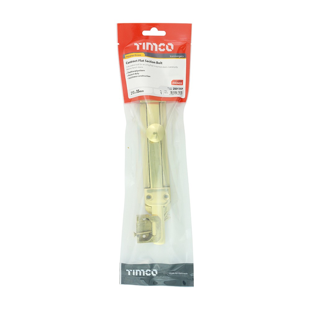 Timco Contract Flat Section Bolt - Polished Brass