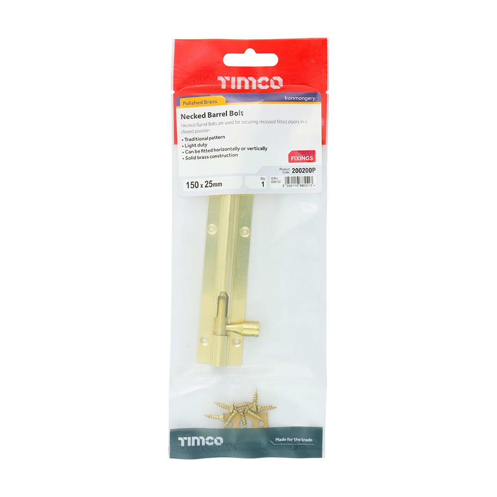 Timco Necked Barrel Bolt - Polished Brass