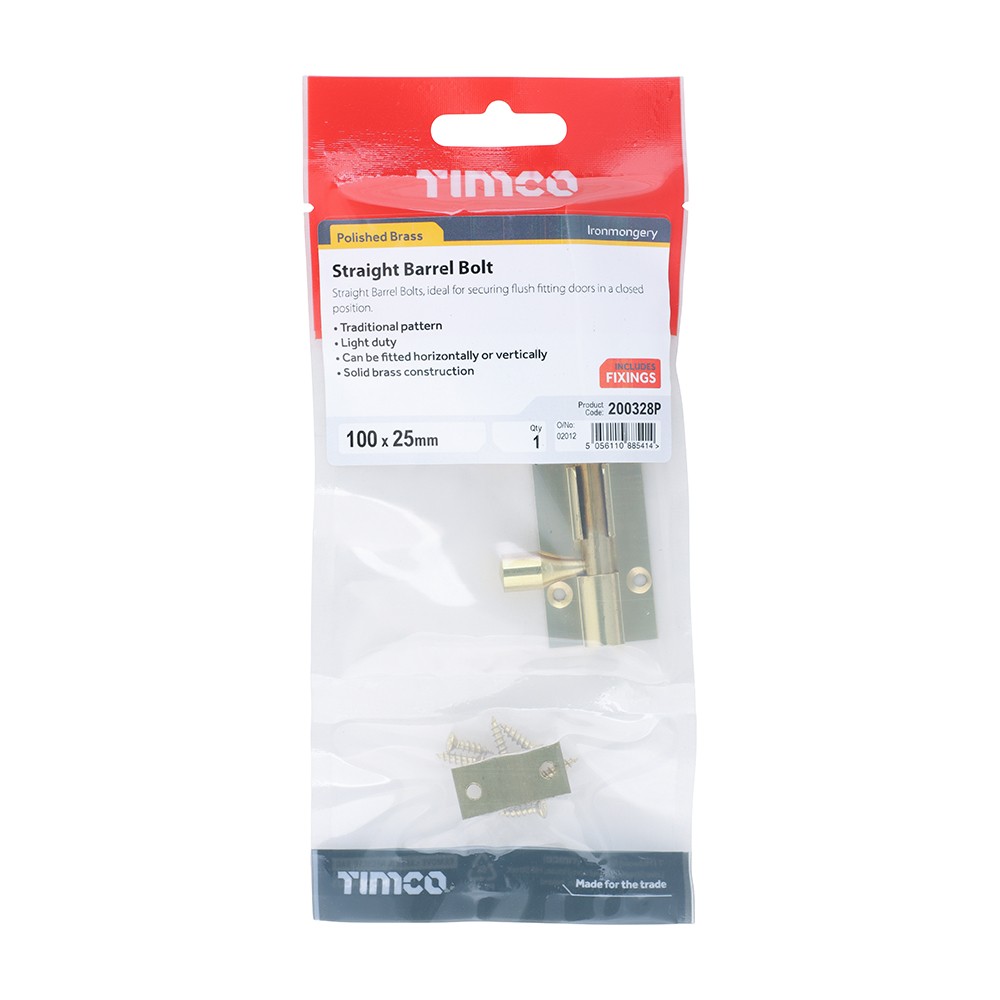 Timco Straight Barrel Bolt - Polished Brass