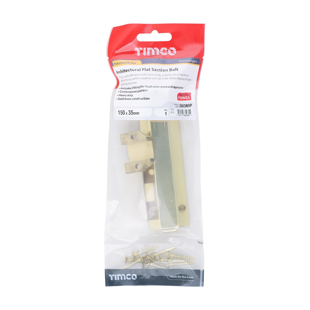 Timco Architectural Flat Section Bolt - Polished Brass