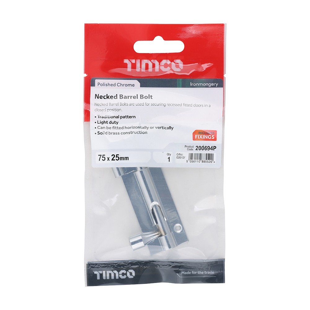 Timco Necked Barrel Bolt - Polished Chrome