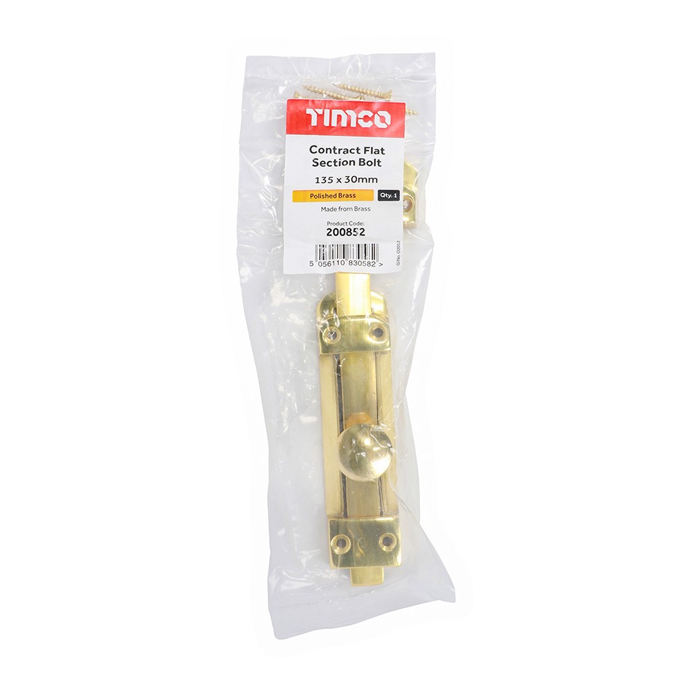 Timco Contract Flat Section Bolt - Polished Brass