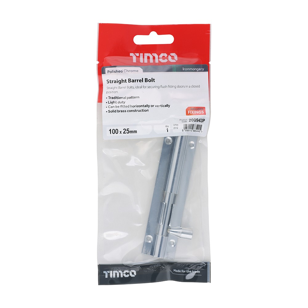Timco Straight Barrel Bolt - Polished Chrome